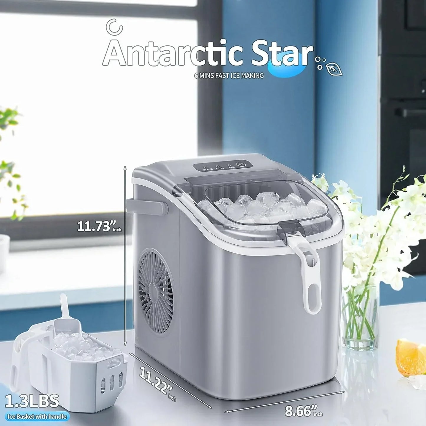 Nugget Ice Makers Countertop, Pebble Ice Machine with Chewable Pellet Ice, 34Lbs/24H, Self-Cleaning, Sonic Ice, One-Click Operation, for Kitchen,Office Stainless Steel Black
