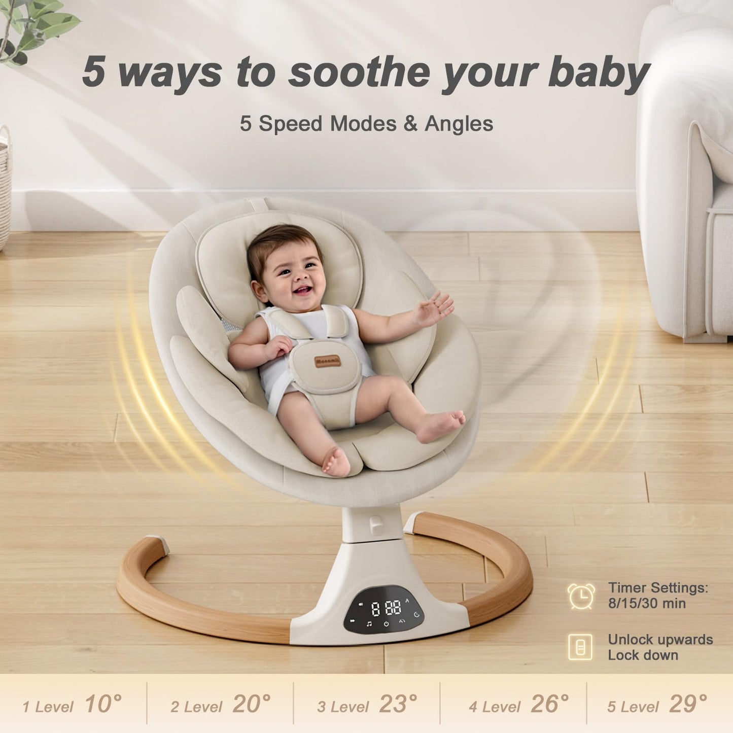 MONAMII Baby Swing with 5 Speeds & 10 Lullabies - Beige