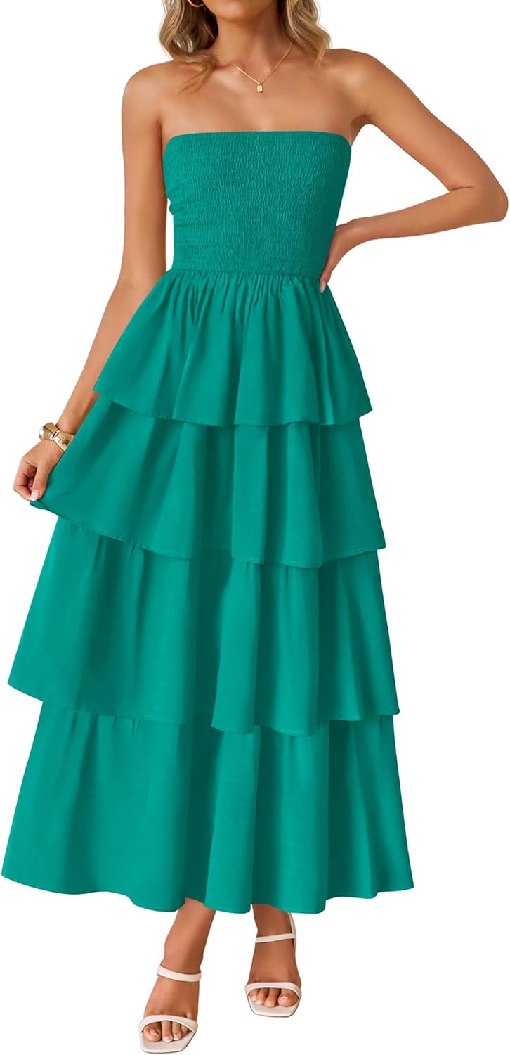 Women‘s Summer Boho Strapless Maxi Dress 2026 Casual Sleeveless Off Shoulder Smocked Tiered Beach Long Sundress