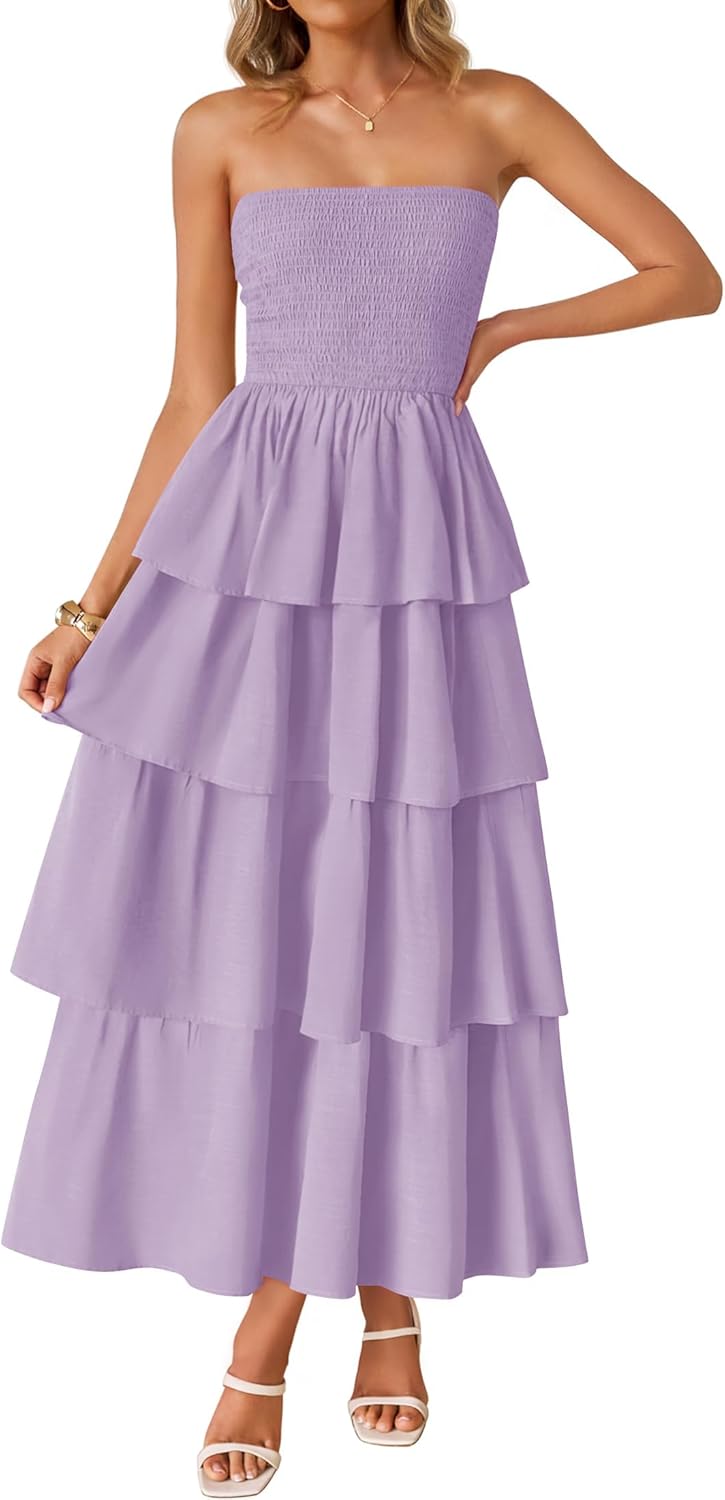 Women‘s Summer Boho Strapless Maxi Dress 2026 Casual Sleeveless Off Shoulder Smocked Tiered Beach Long Sundress
