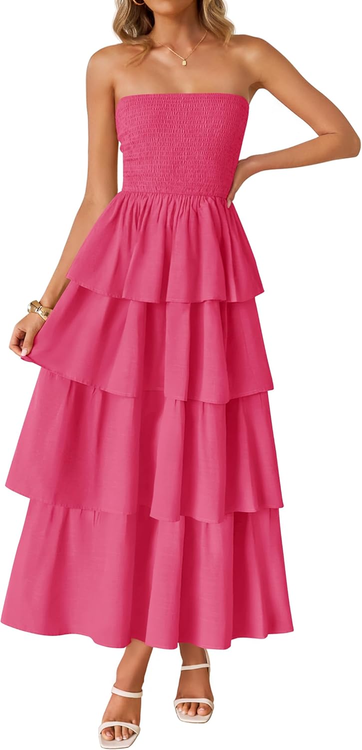 Women‘s Summer Boho Strapless Maxi Dress 2026 Casual Sleeveless Off Shoulder Smocked Tiered Beach Long Sundress
