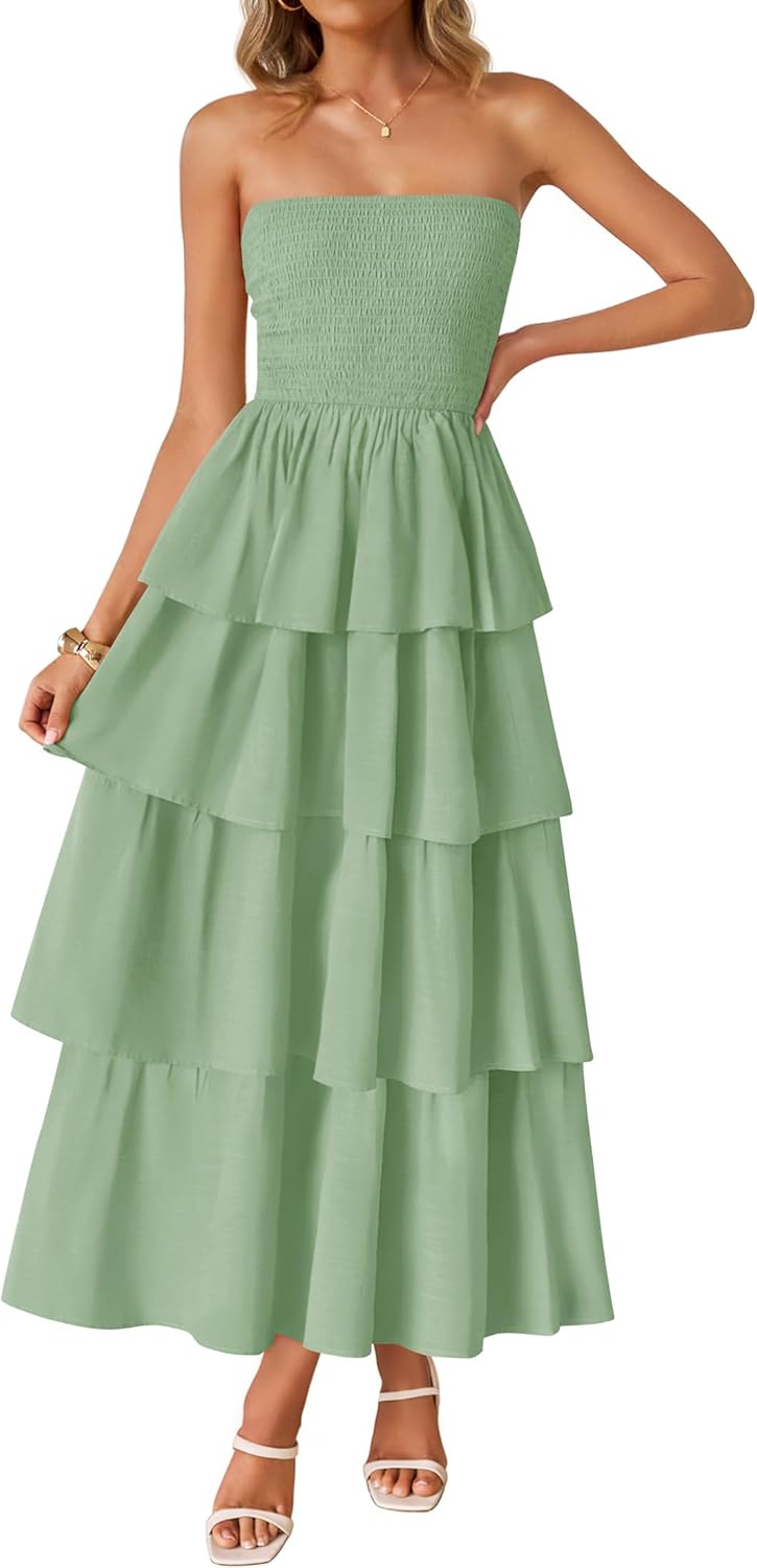Women‘s Summer Boho Strapless Maxi Dress 2026 Casual Sleeveless Off Shoulder Smocked Tiered Beach Long Sundress