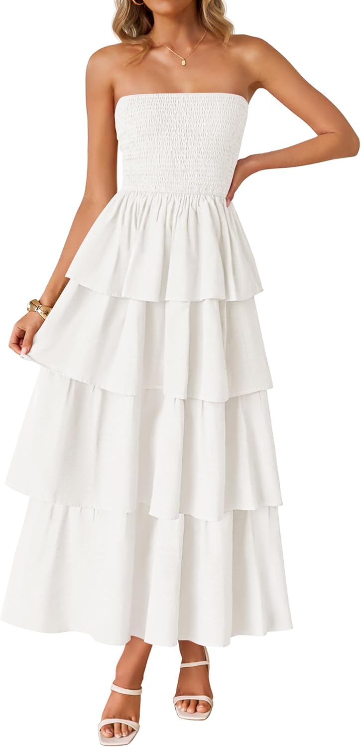 Women‘s Summer Boho Strapless Maxi Dress 2026 Casual Sleeveless Off Shoulder Smocked Tiered Beach Long Sundress