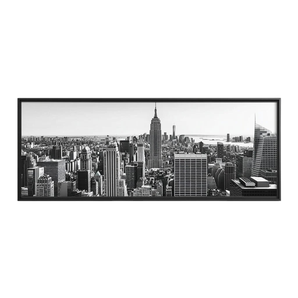 Black and White NYC Skyline Wall Art - Modern Industrial Cityscape Photography - Large Matte Black Aluminum Frame - For Office & Modern Home Decor