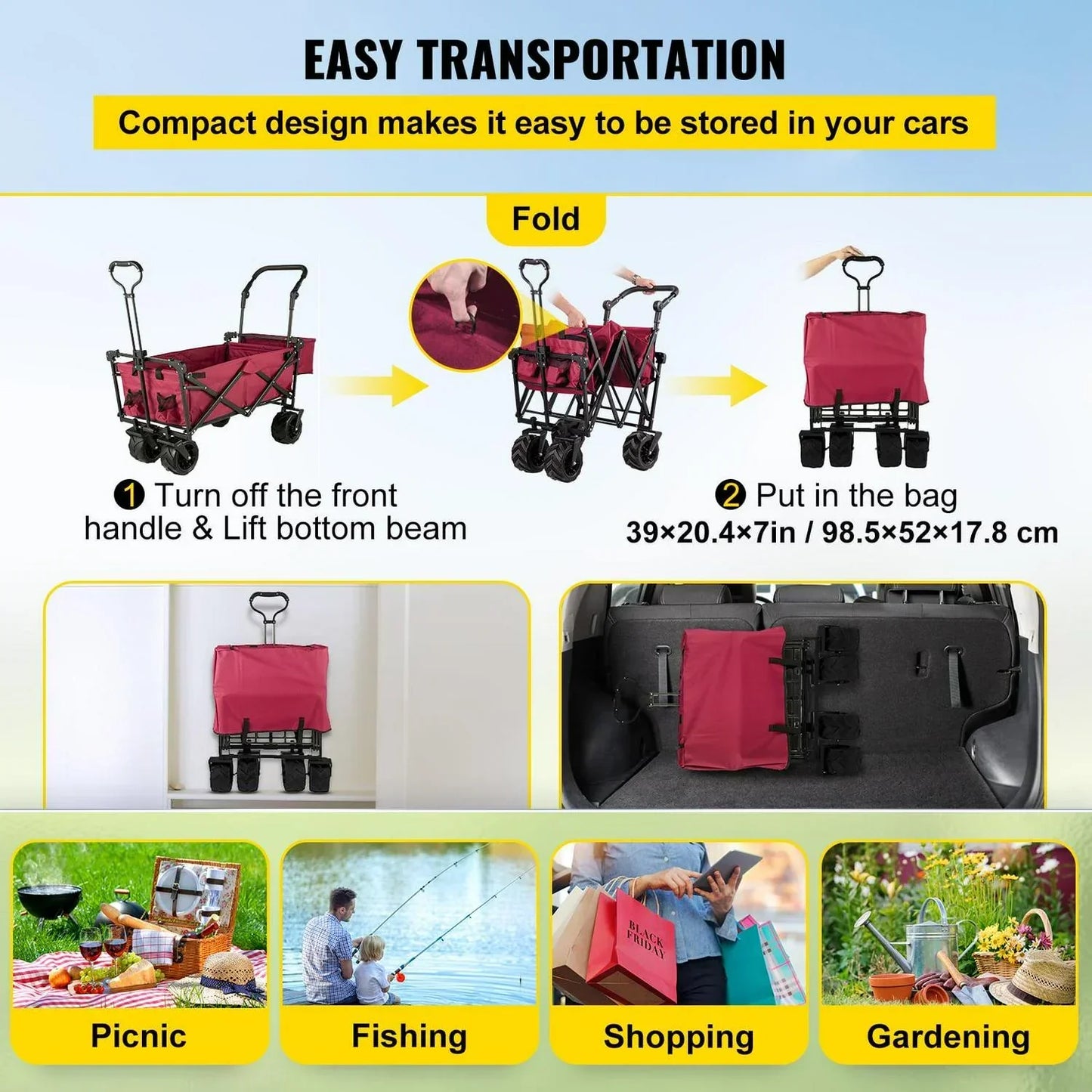 Red Collapsible Wagon Cart with Canopy, 360° Wheels, Adjustable Handles, 220 lbs Capacity for Beach & Garden