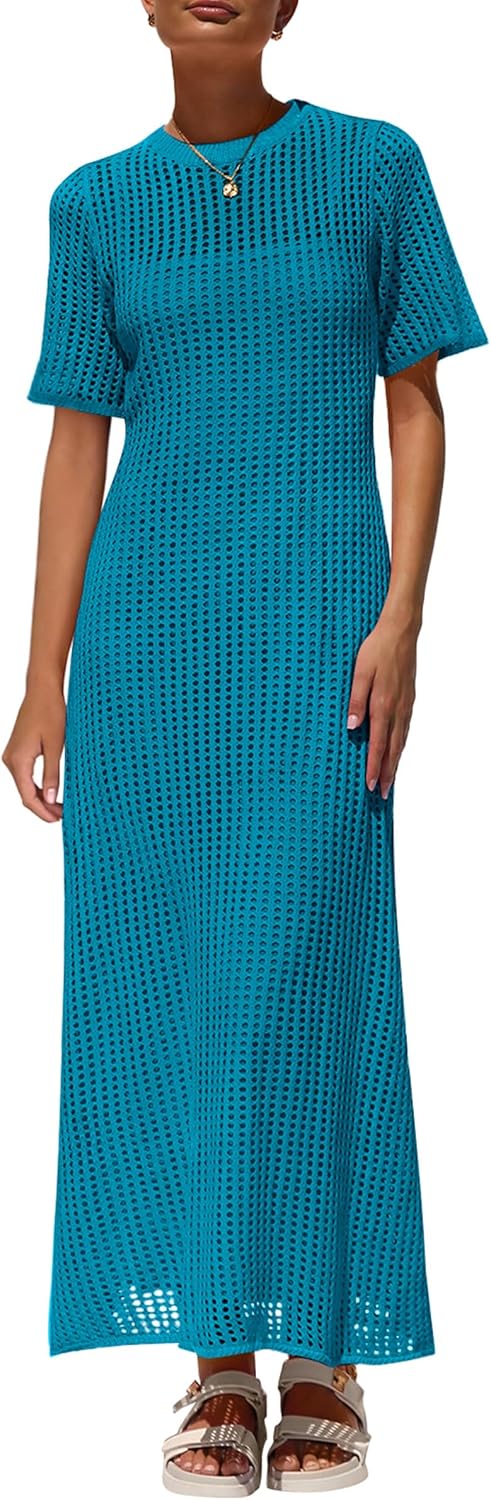 Womens Eyelet Cover Up Dress 2026 Summer Vacation Resort Maxi Dresses Beach Short Sleeve Hollow Out Sundress