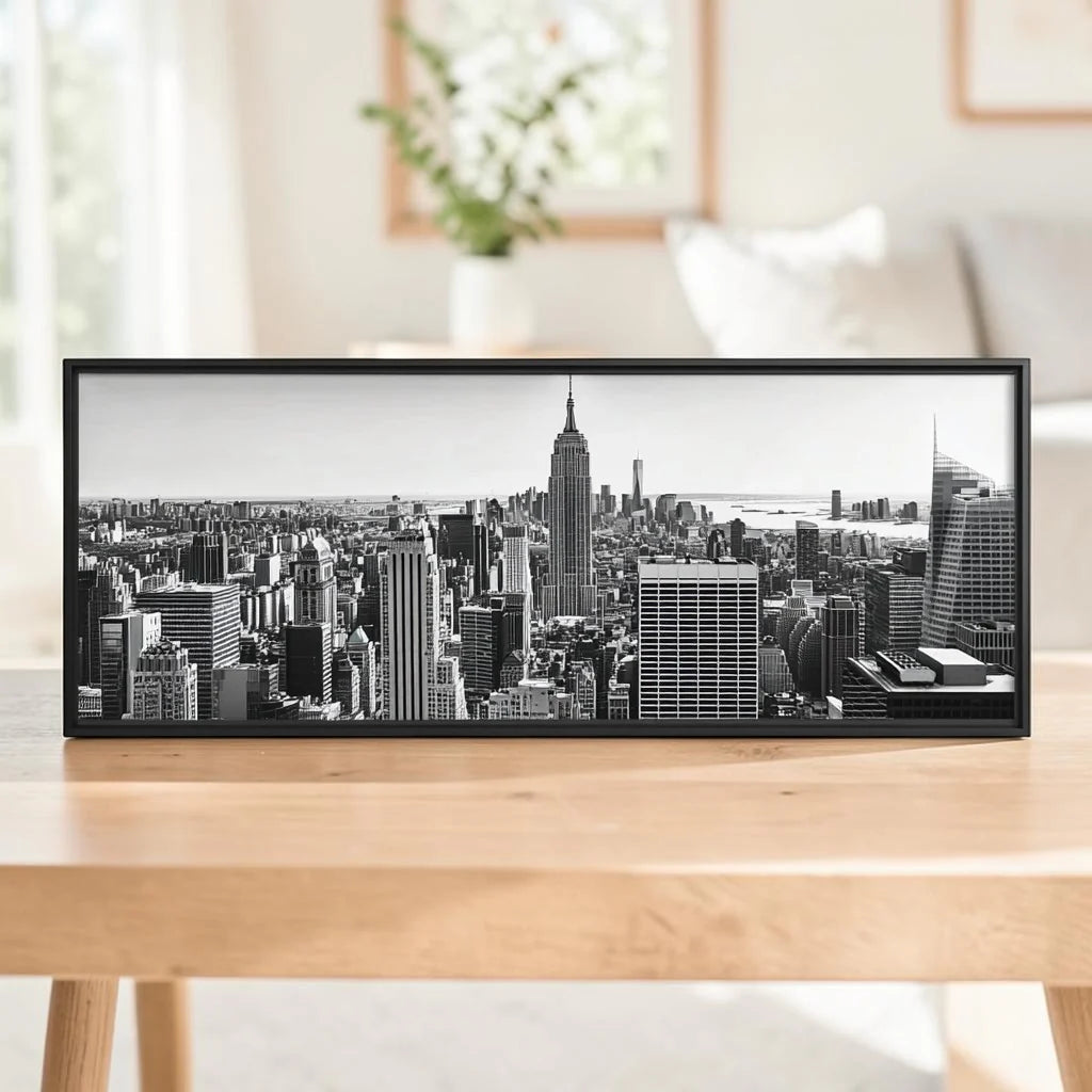 Black and White NYC Skyline Wall Art - Modern Industrial Cityscape Photography - Large Matte Black Aluminum Frame - For Office & Modern Home Decor