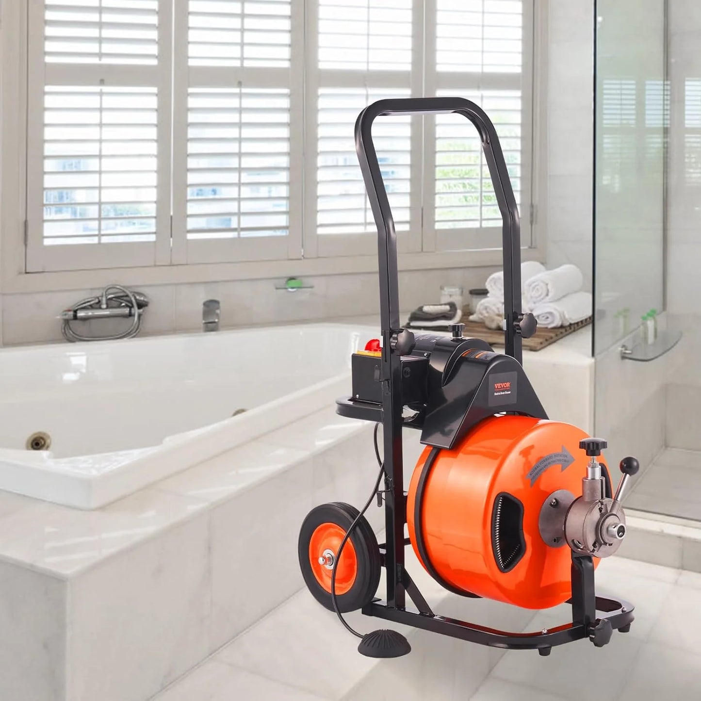 Drain Cleaner Machine 100FT x 1/2Inch, Auto Feed Sewer Snake Auger with 4 Cutter & Air-activated Foot Switch for 1" to 4" Pipes, Orange, Black