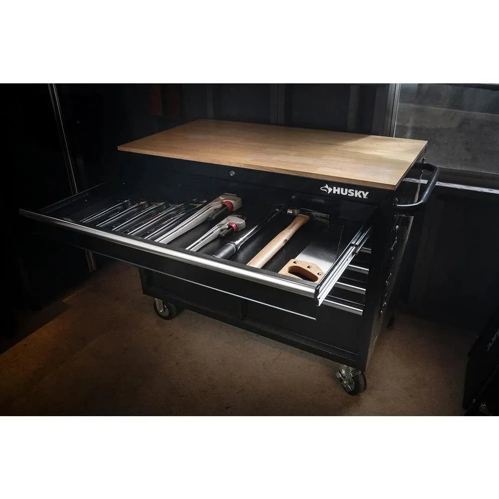 46-in W x 24.5-in D 9-Drawer Mobile Workbench with Hardwood Top and Power Station – Gloss Black