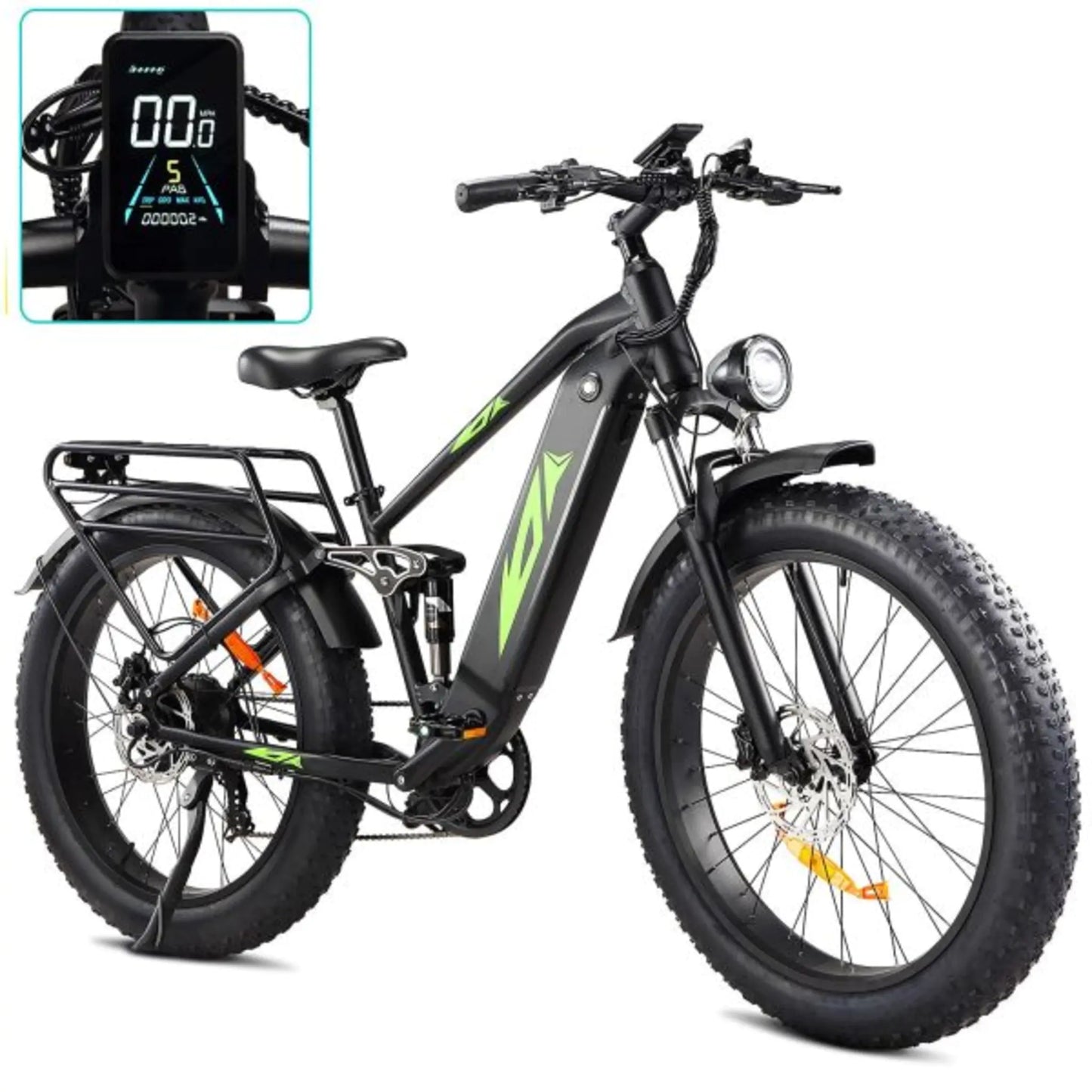 1000W 48V Electric Bike for Adults – 26-in Fat Tire Full-Suspension E-Bike – 17.5Ah Battery – 7-Speed – Up to 28MPH – UL Certified