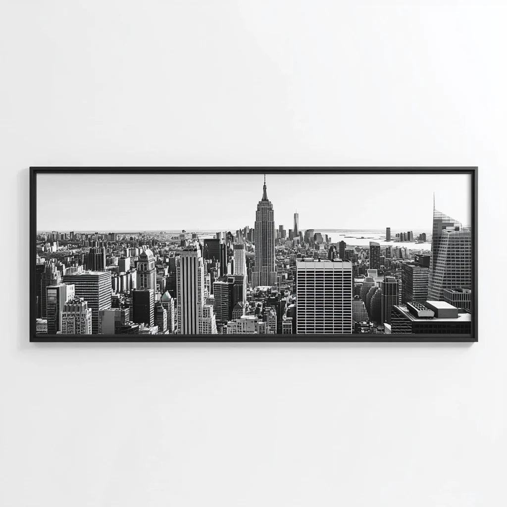 Black and White NYC Skyline Wall Art - Modern Industrial Cityscape Photography - Large Matte Black Aluminum Frame - For Office & Modern Home Decor