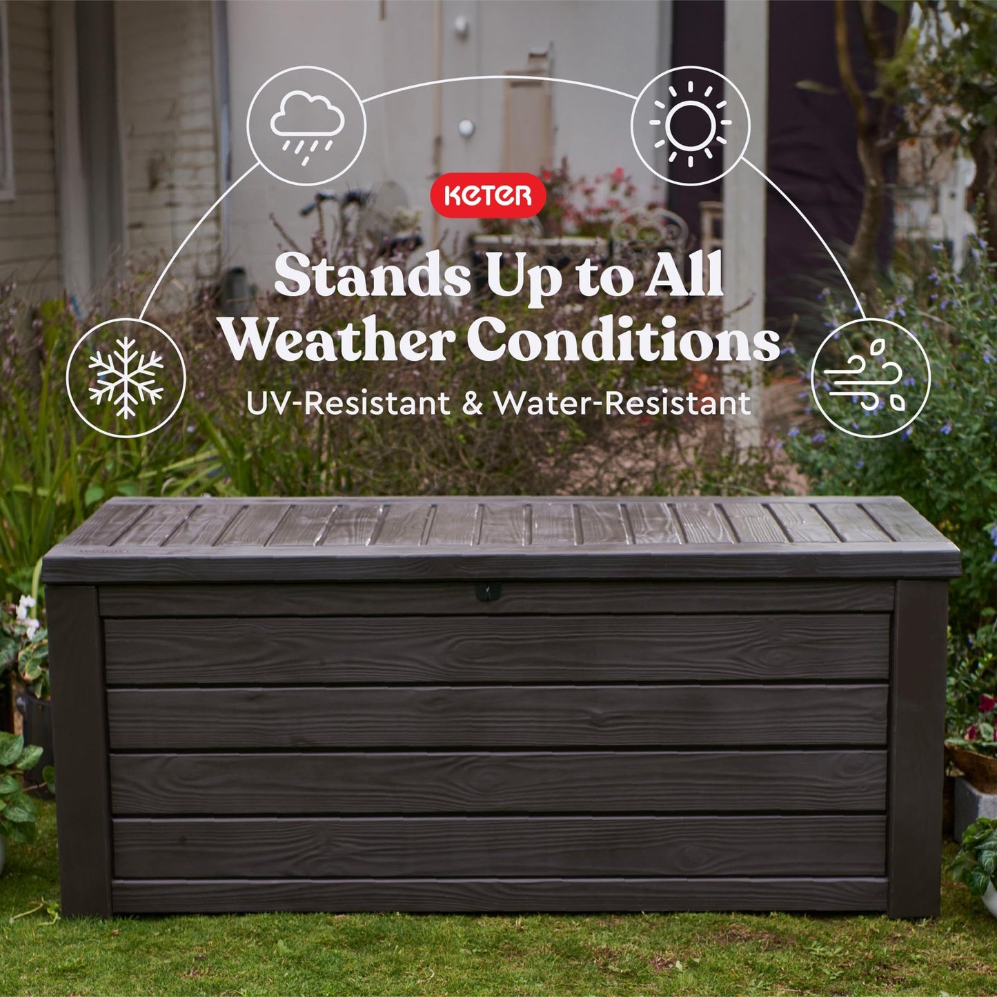 KETER Westwood 150 Gallon Deck Box and Bench Seat, Brown