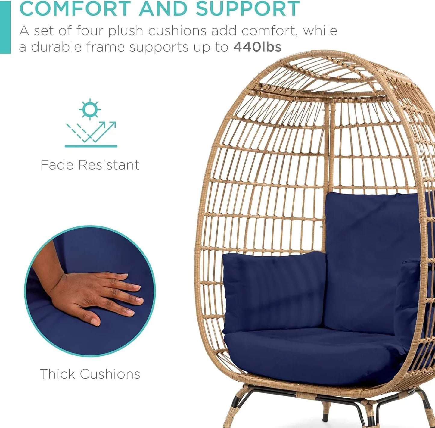Ivory Wicker Egg Chair, Oversized Indoor Lounger, 440lb Capacity, Bohemian Style, Steel Frame, Cushions Included