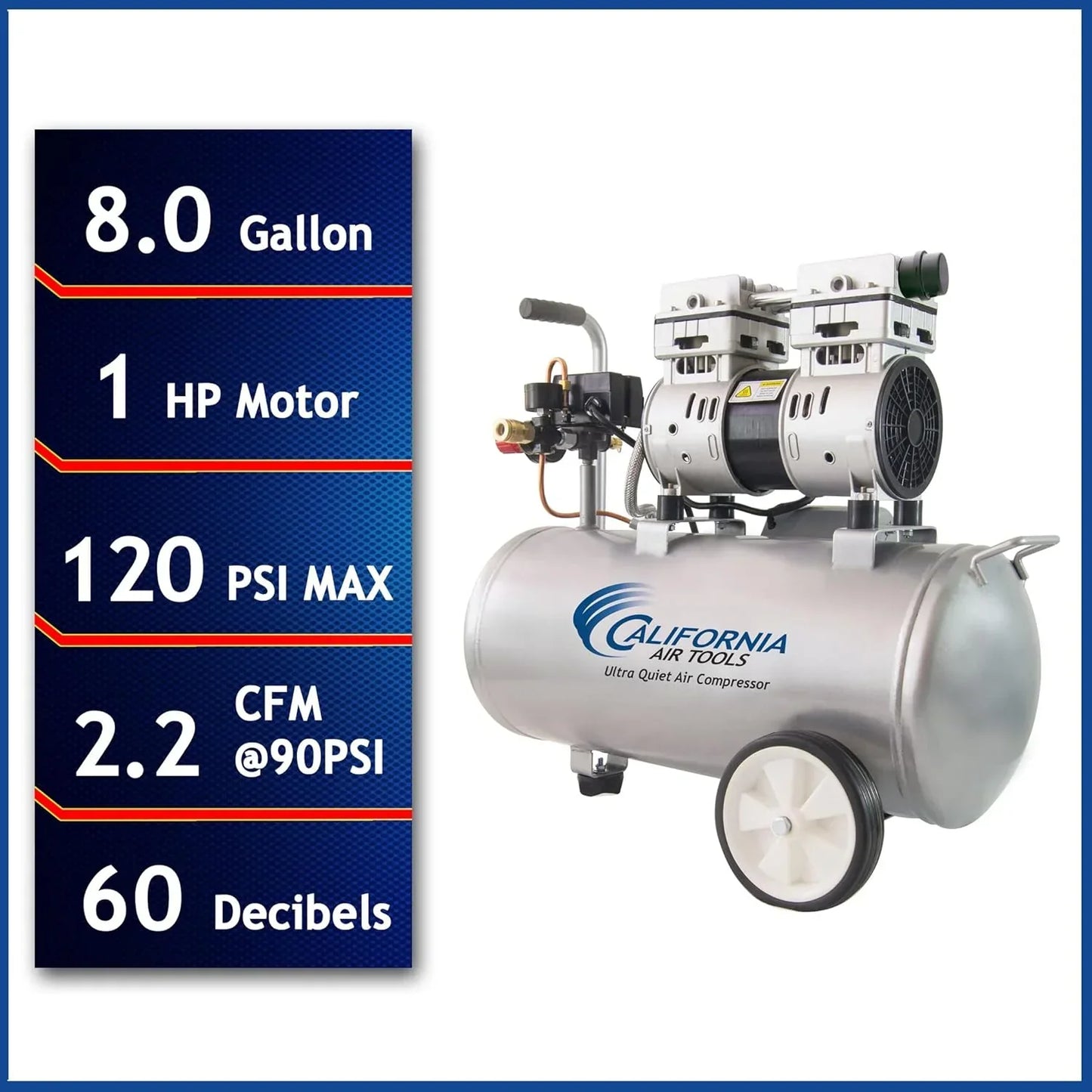 Air Tools 8010 Ultra Quiet Oil-Free Air Compressor, 1.0 HP, 8 Gallon, 120 PSI, 60 dB Noise Level