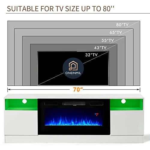 Oneinmil Fireplace TV Stand with 36" Electric Fireplace, LED Light Entertainment Center, Modern Wood, White