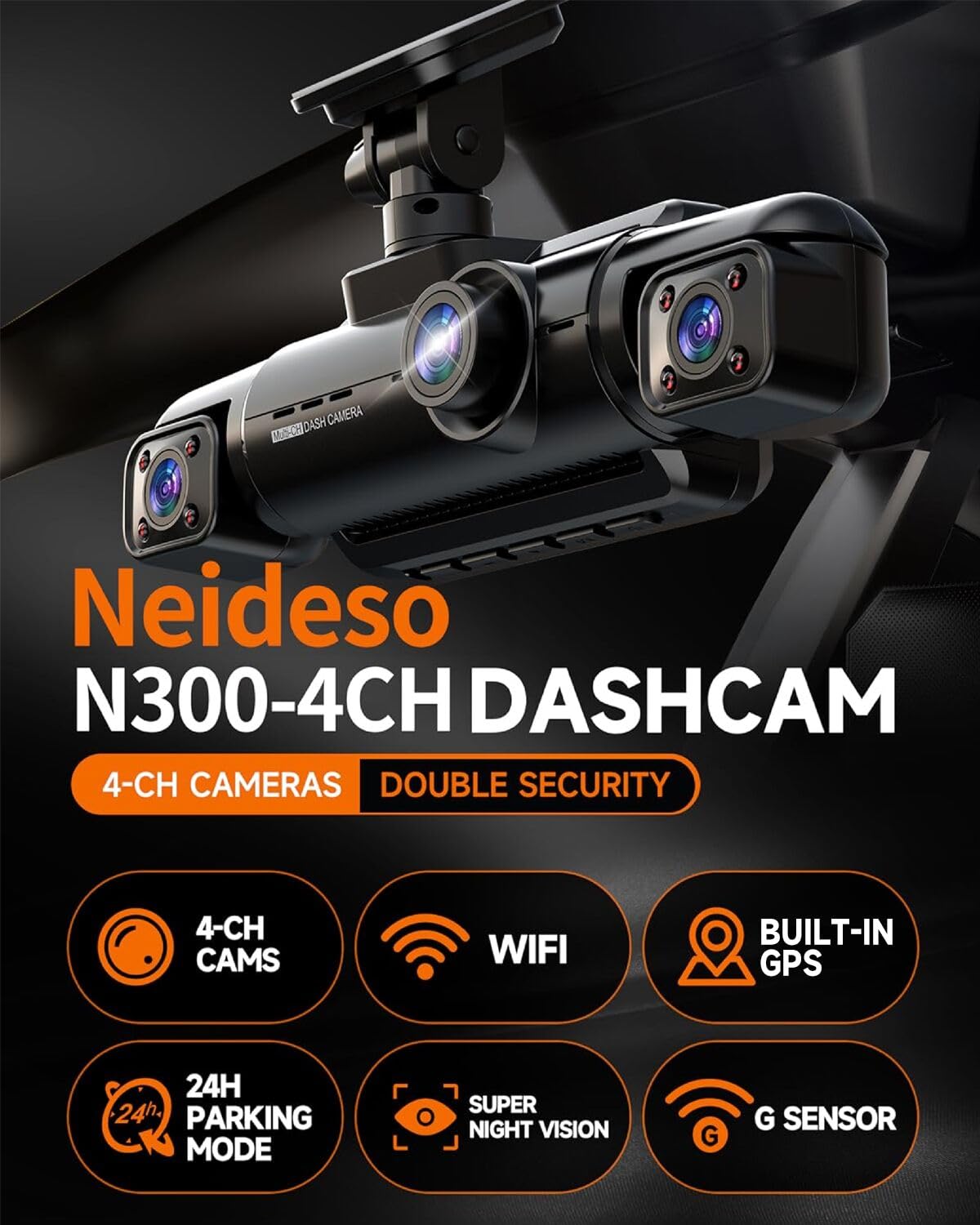 NEIDESO 360° Dash Cam FHD 4-Channel Car Camera with GPS